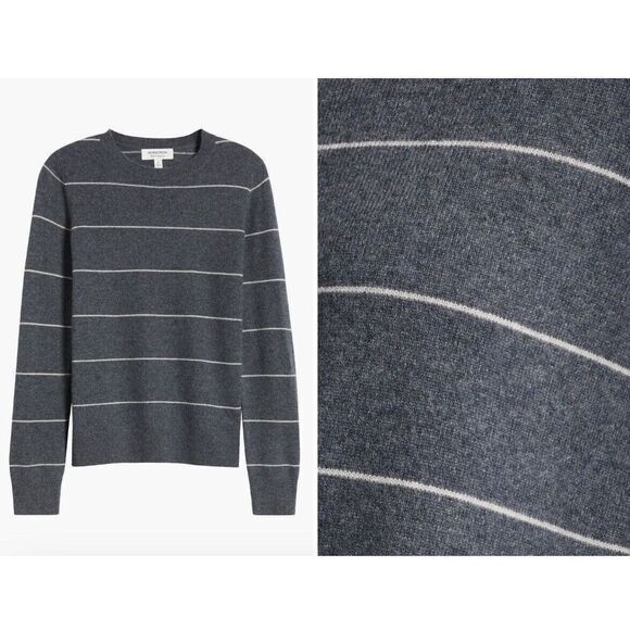 Nordstrom Women Crewneck Cashmere Sweater In Grey- Beige Spaced Stripe Sz Large - Picture 4 of 8